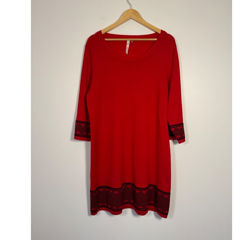 Geometric‎ NY Collection XL Sweater Dress Red 3/4 Sleeve Scoop Neck MSVD0389